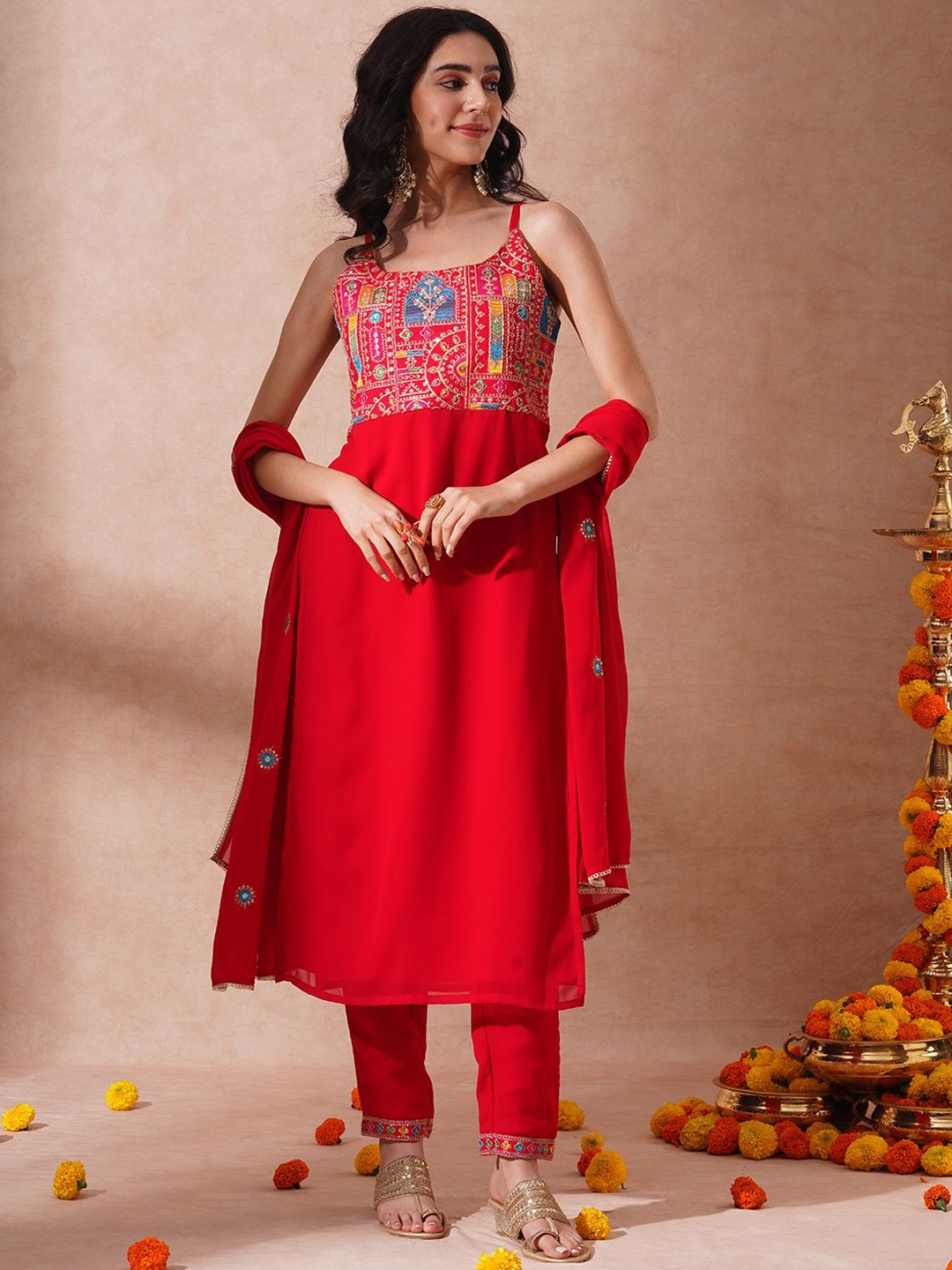 

FASHOR Ethnic Motifs Embroidered Straight Sequinned Kurta with Trousers & Dupatta, Red