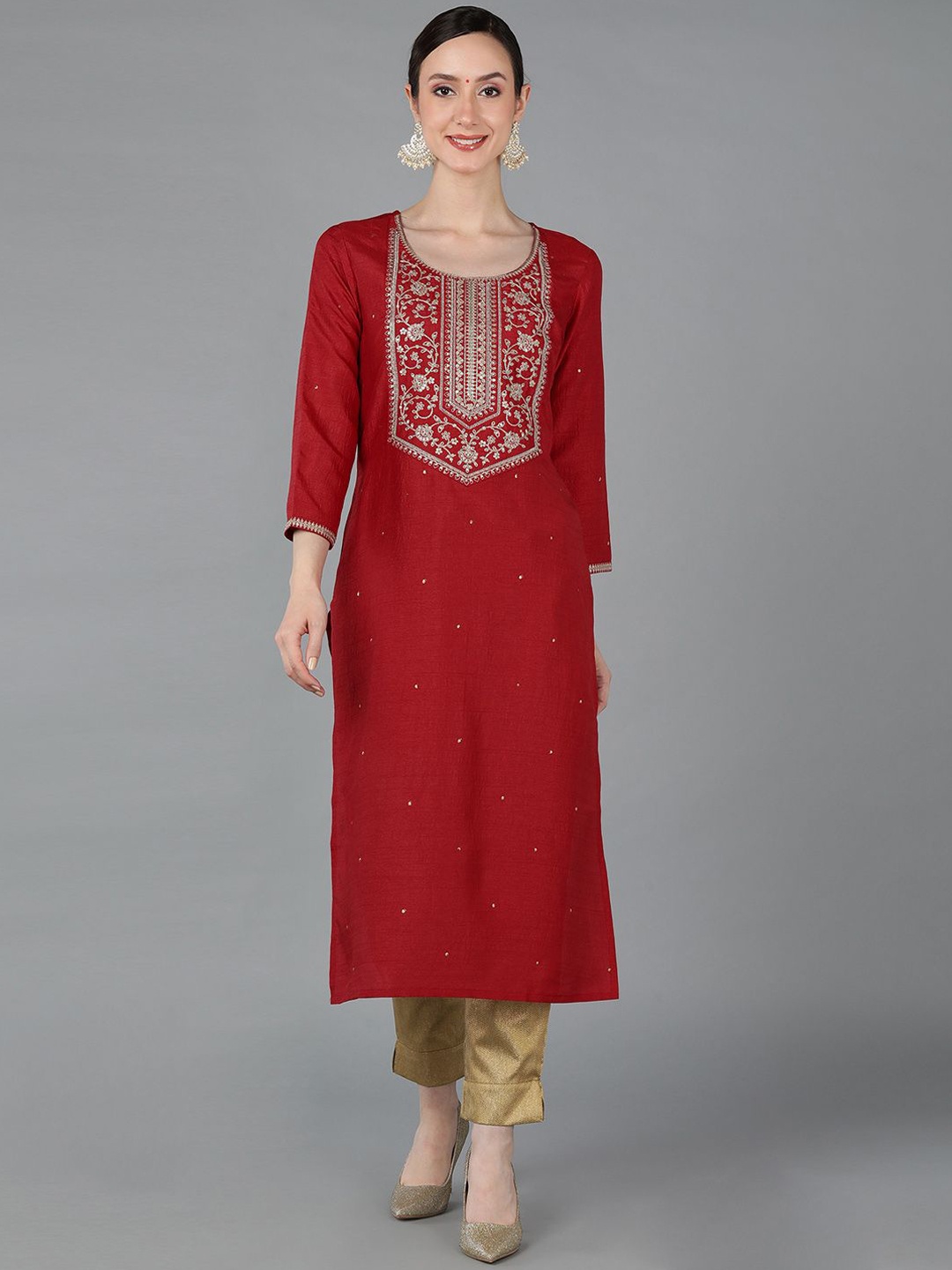 

AHIKA Floral Embroidered Chanderi Silk Regular Straight Kurta, Red