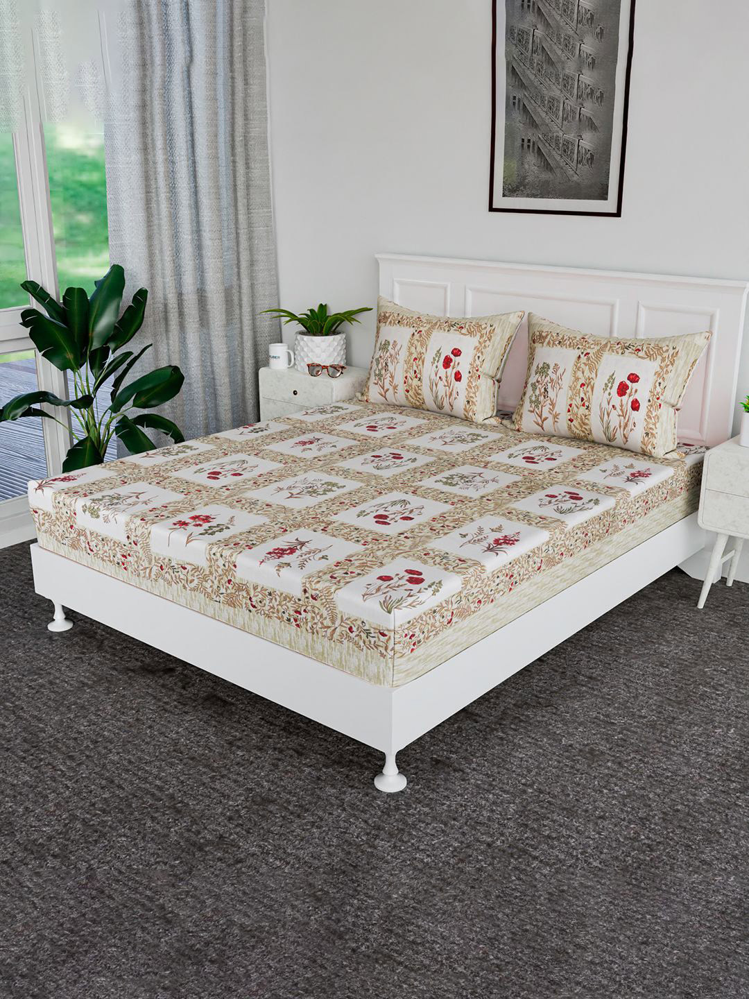 

Kuber Industries Green & White 160 TC Cotton King Bedsheet with 2 Pillow Covers 2 x 2mt