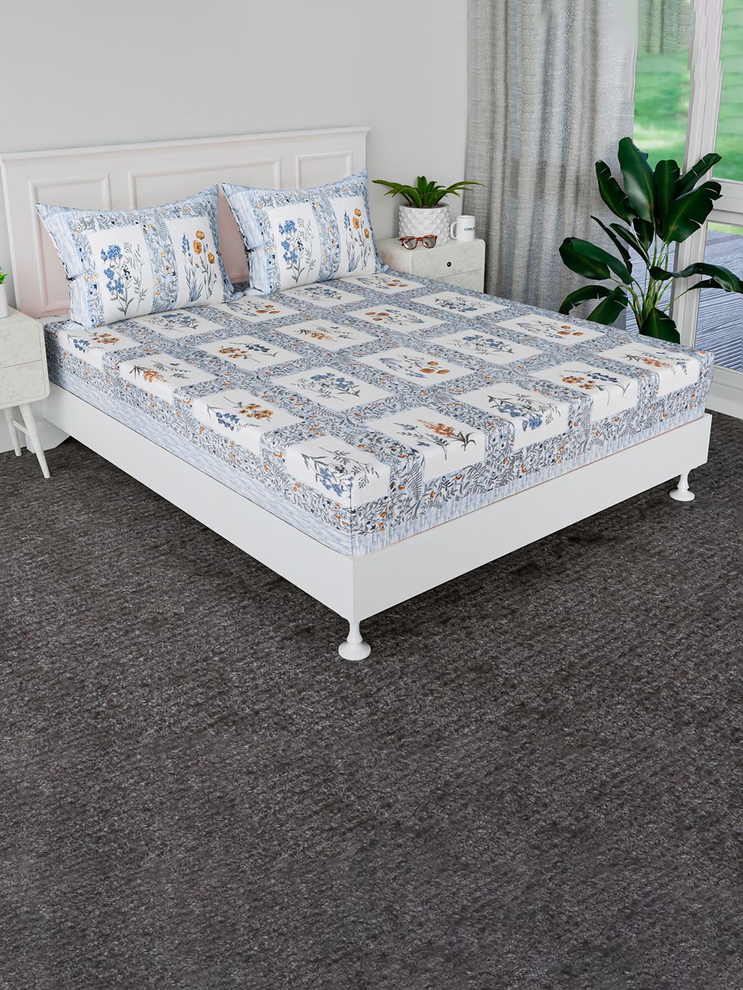 

Kuber Industries Blue & White 160 TC Cotton King Bedsheet with 2 Pillow Covers 2 x 2mt