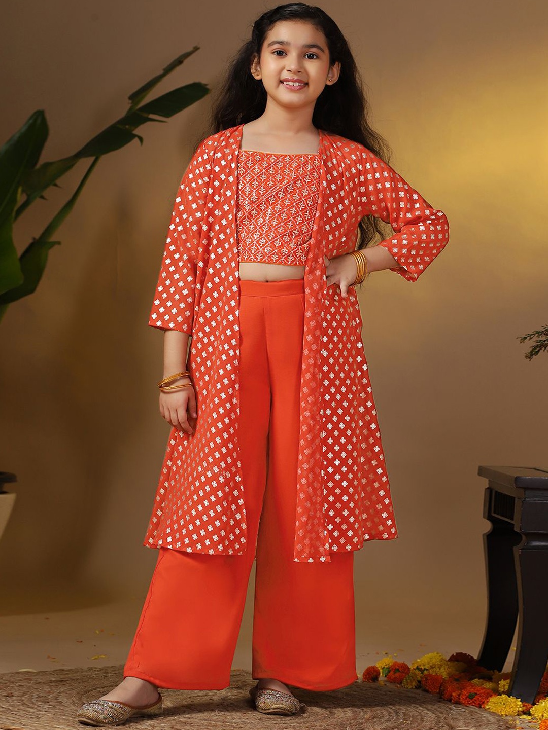 

FASHION DREAM Girls Embroidered Top With Palazzo & Shrug, Rust