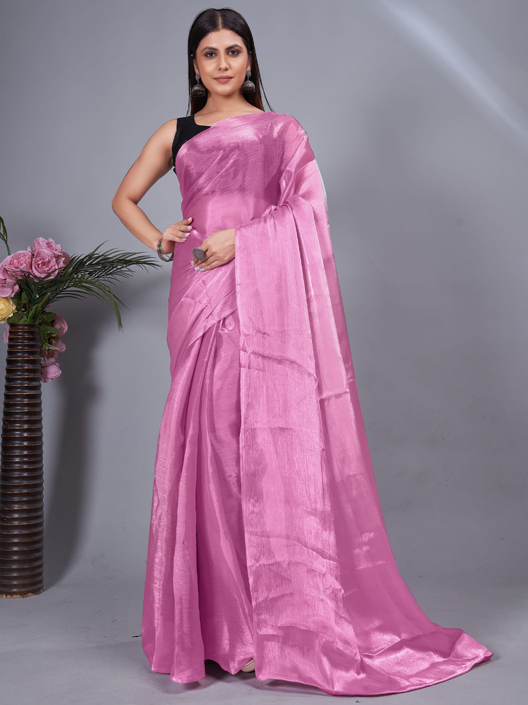 

V3 FASHION STUDIO Solid Pure Crepe Ready to Wear Saree, Pink