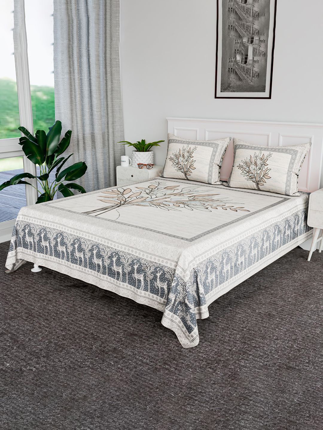 

Kuber Industries Blue & White 160 TC Cotton King Bedsheet with 2 Pillow Covers 2 x 2mt