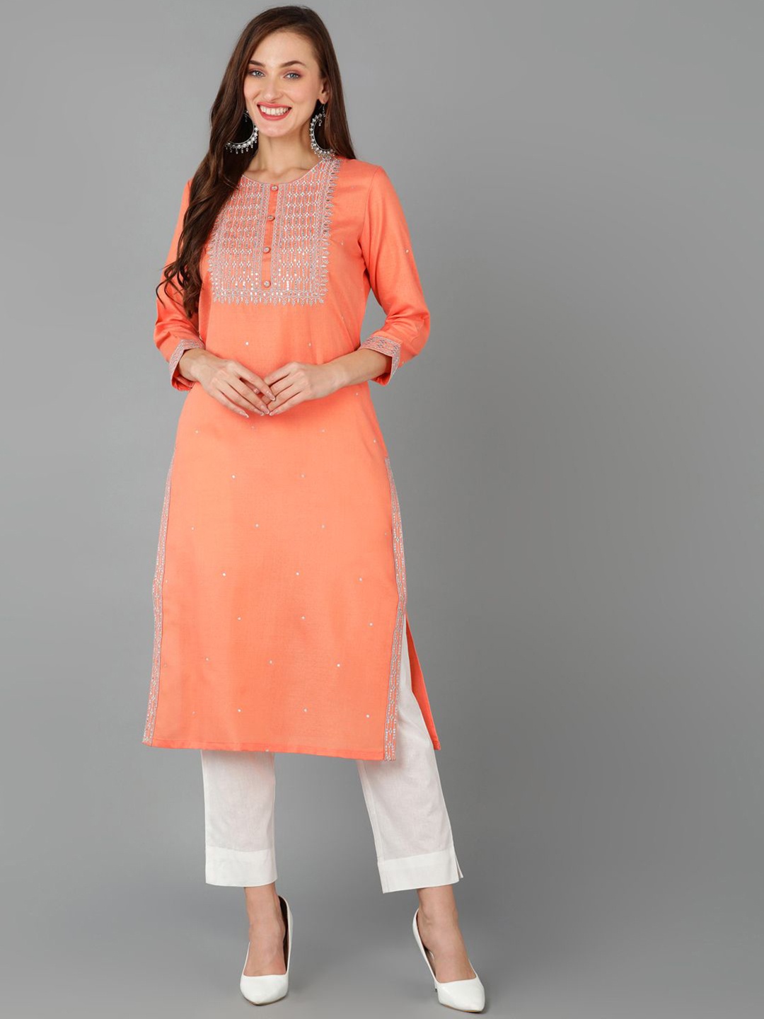 

AHIKA Floral Embroidered Sequinned Straight Kurta, Peach