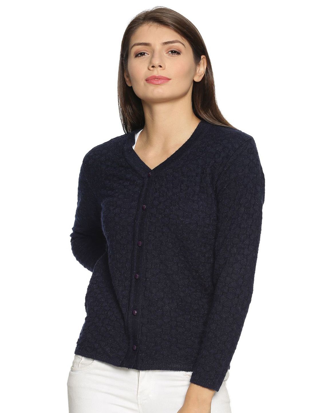 

CLAPTON Women Self Design Woollen Cardigan, Navy blue