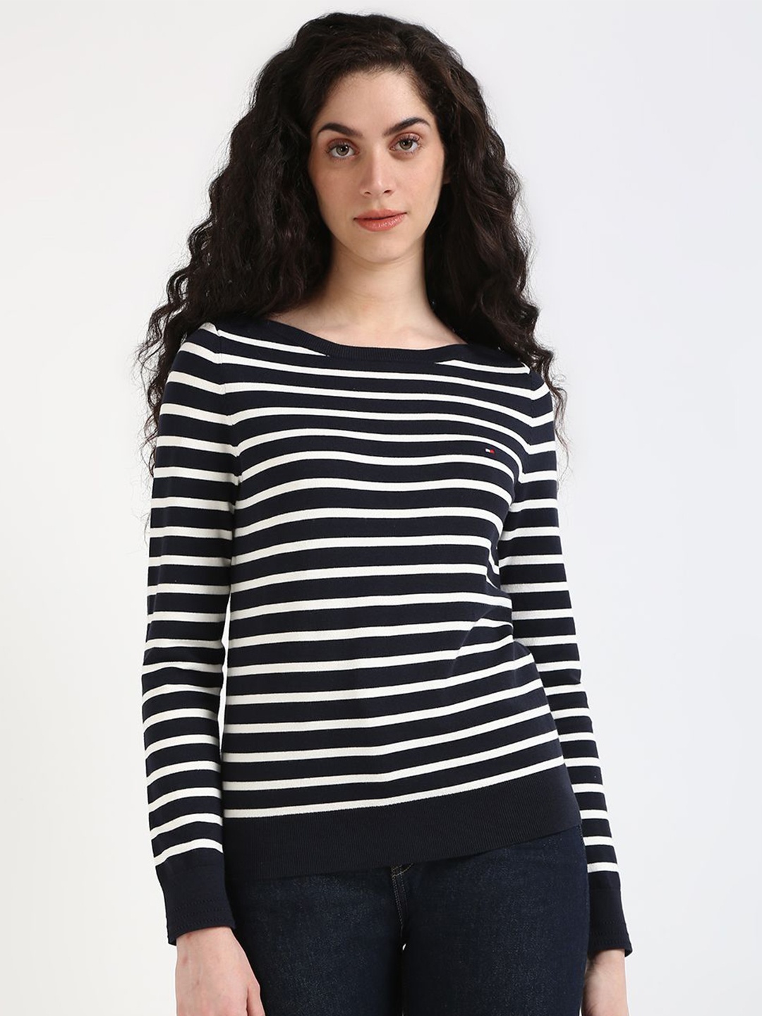 

Tommy Hilfiger Women Fashion Striped Boat Neck Pullover, Blue