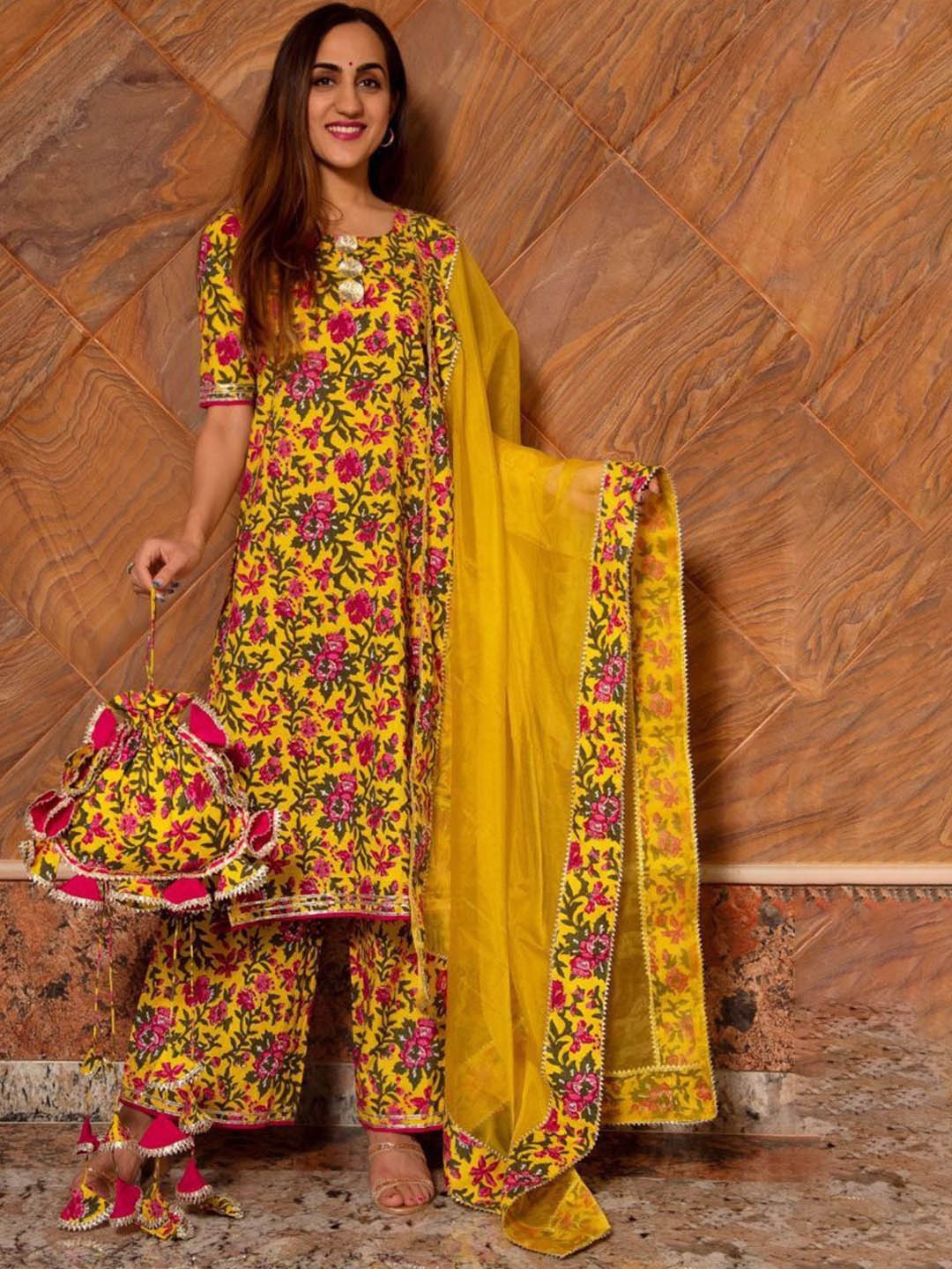 

Modestouze Attires Floral Printed Straight Kurta with Palazzos & Dupatta, Mustard