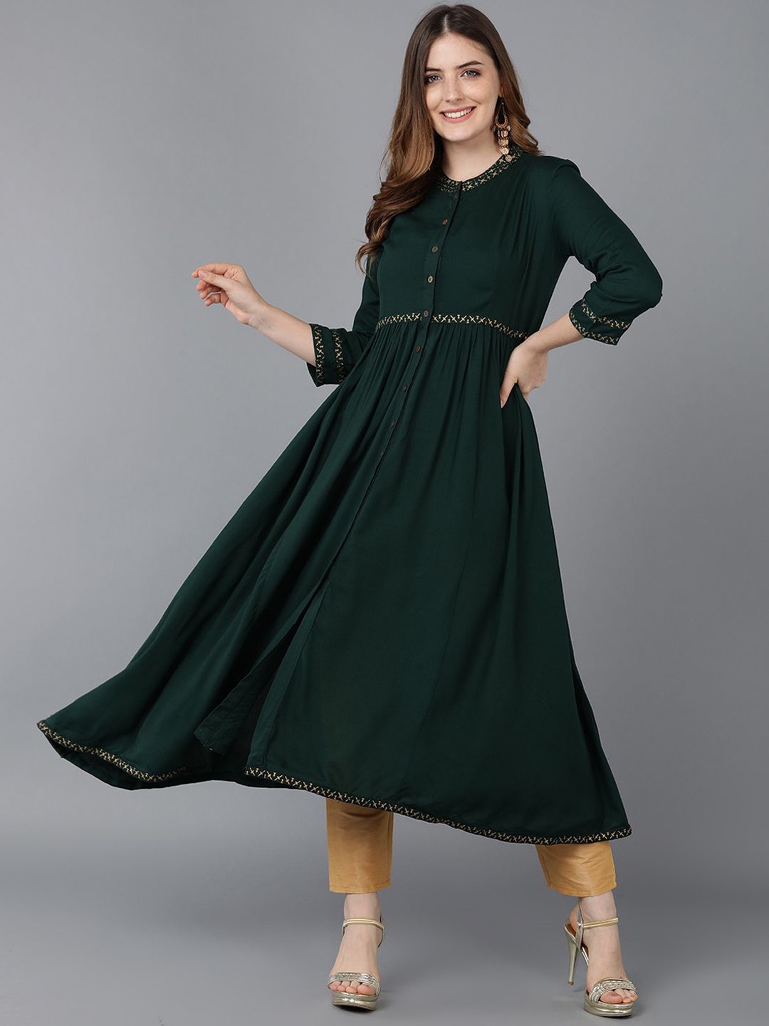 

AHIKA Mandarin Neck Regular Anarkali Kurta, Green