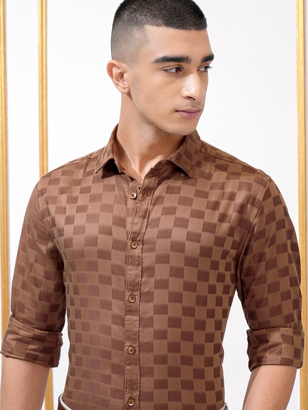 

Highlander Men Dobby Textured Solid Regular Fit Occasion Shirt, Brown