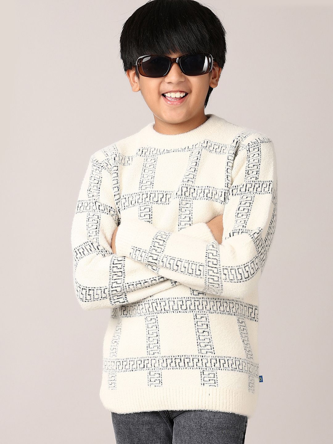

V-Mart Boys Cotton Checked Printed Pullover, Cream