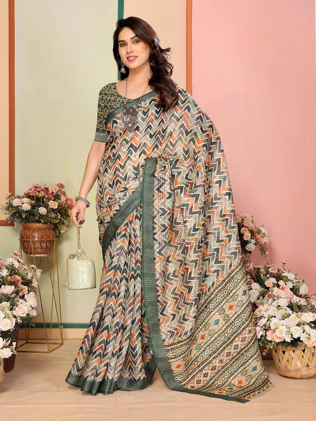 

Sidhidata Geometric Printed Zari Traditional Chanderi Saree, Green