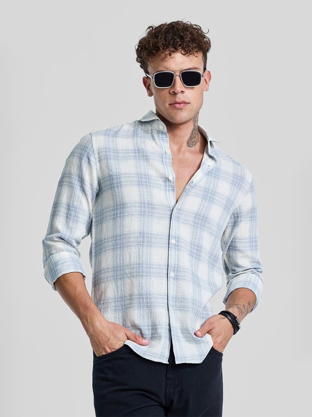 

Snitch Men Smart Spread Collar Tartan Checked Linen Casual Shirt, Blue