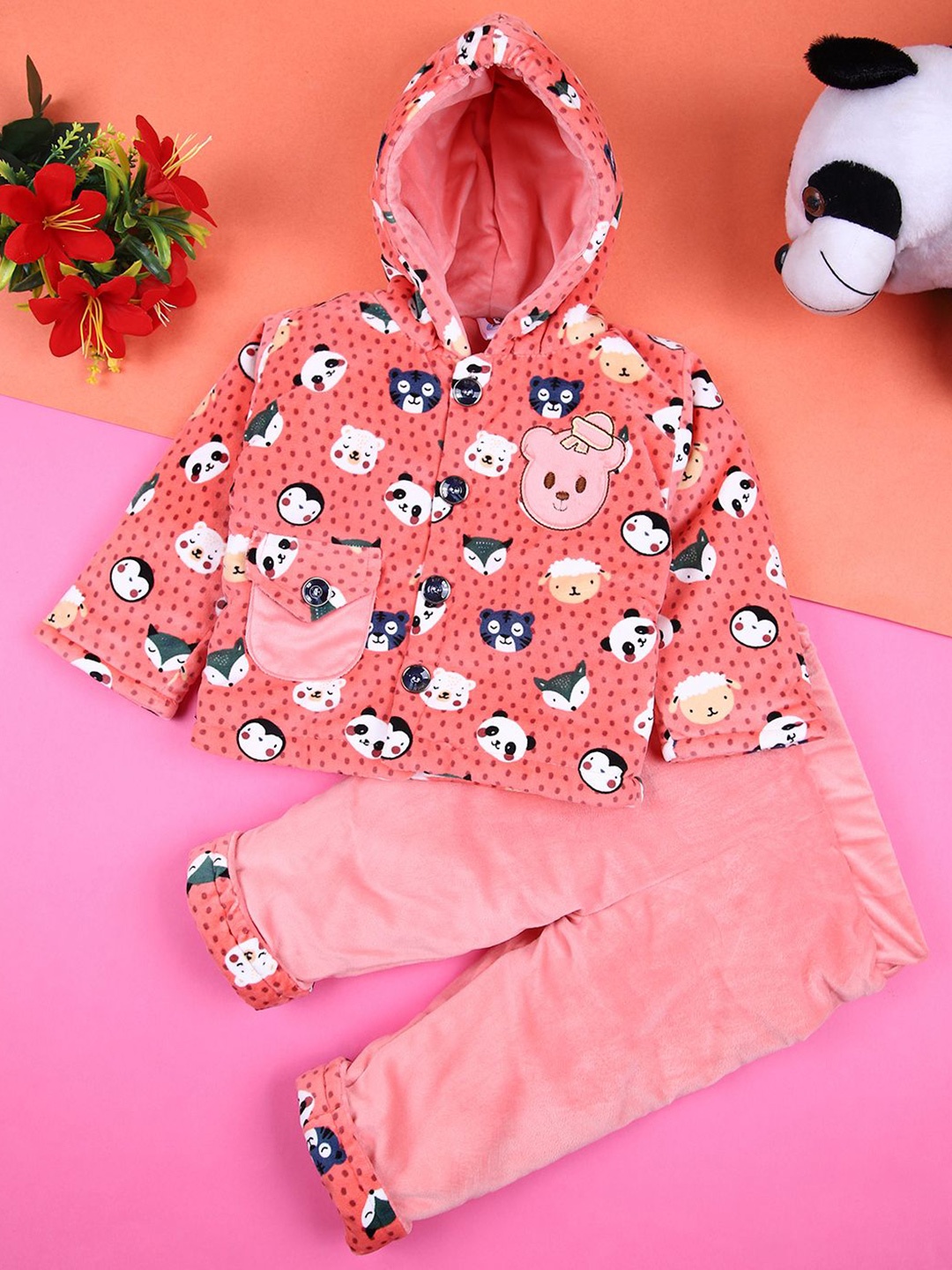 

V-Mart Unisex Kids Graphic Printed Hooded Casual Pure Cotton Shirt With Capris, Peach