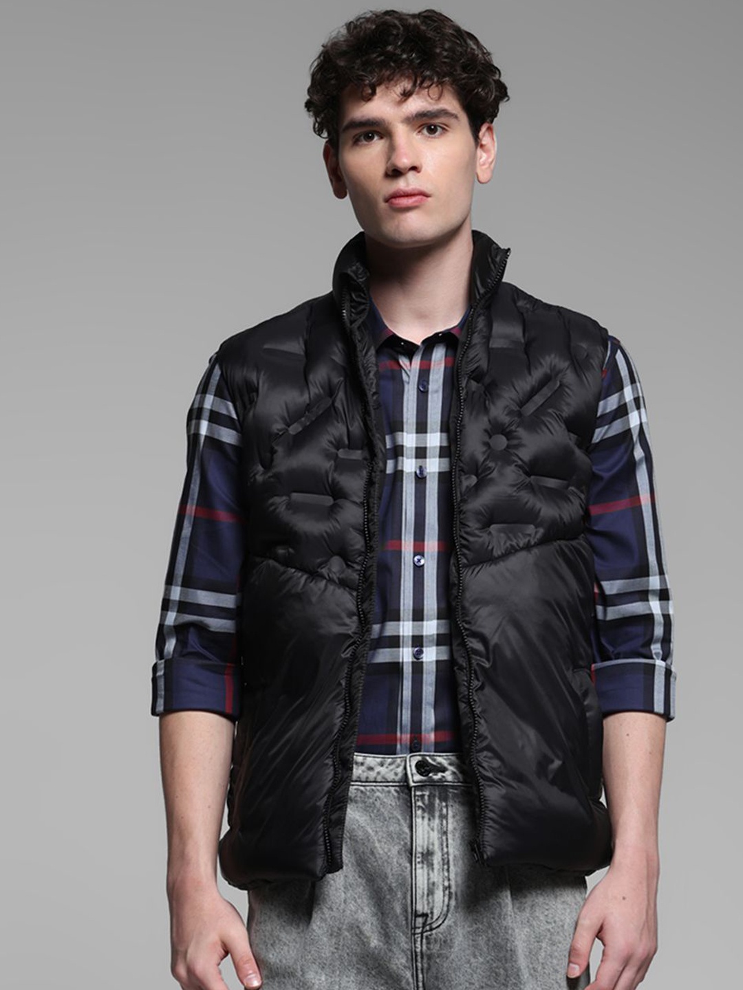 

Jack & Jones Men Mock Collar Solid Casual Puffer Jacket, Black