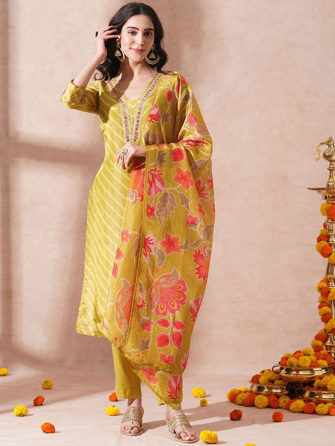 

FASHOR Striped Mirror Work Kurta with Trousers & Dupatta, Green