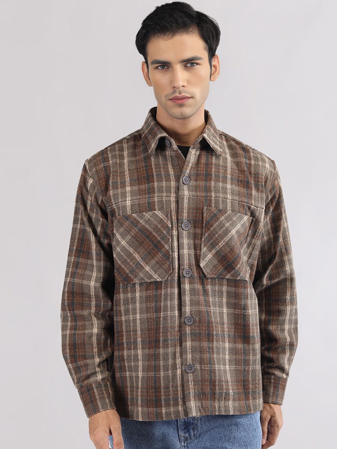 

The Roadster Lifestyle Co Checked Spread Collar Long Sleeve Woolen Shacket, Brown