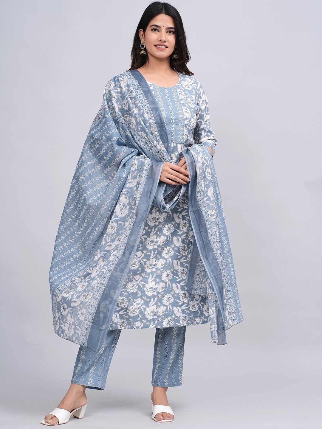 

KALINI Ethnic Motifs Printed Beads and Stones Kurta with Trouser & Dupatta, Grey melange