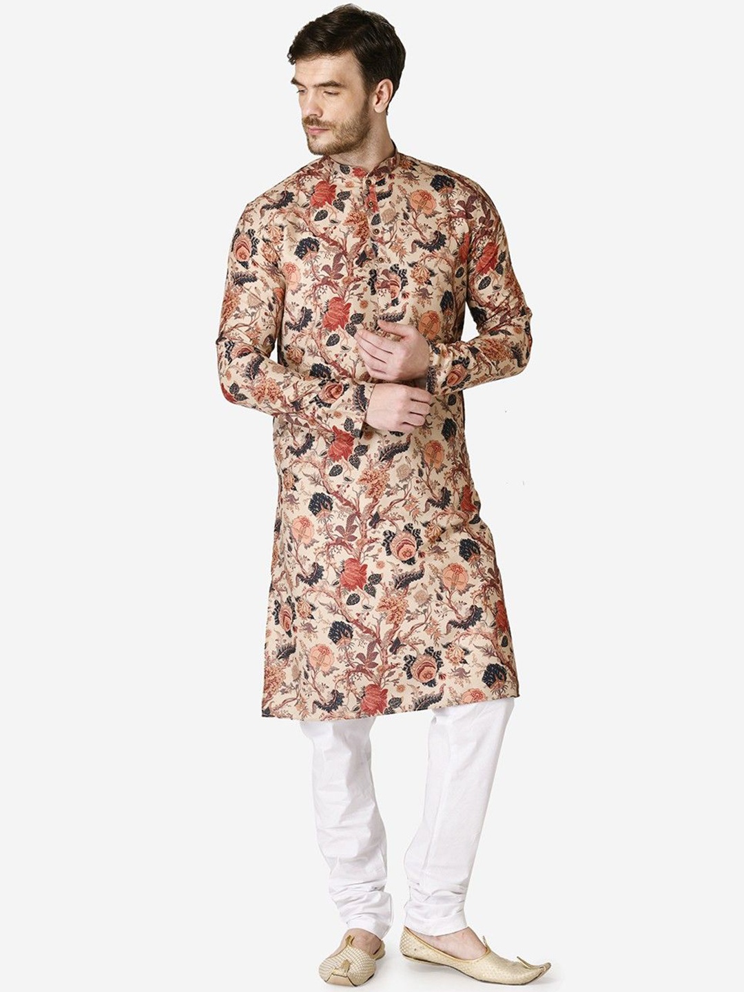 

TABARD Floral Printed Mandarin Collar Jacquard Straight Kurta, Beige