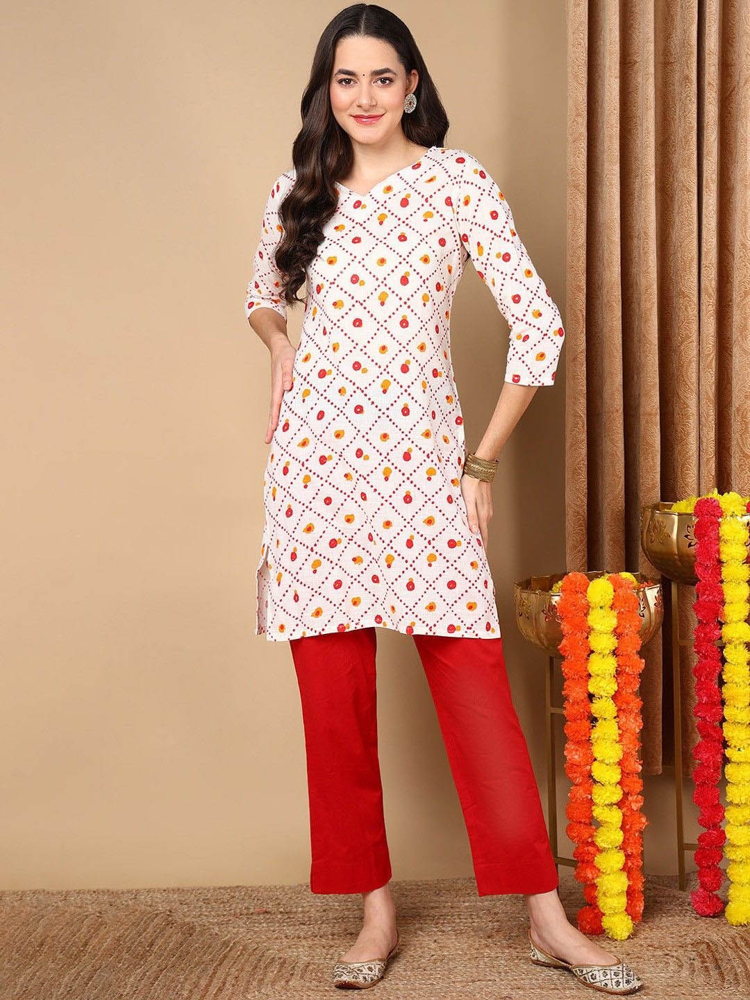 

KALINI Geometric Printed Pure Cotton Straight Kurta, White