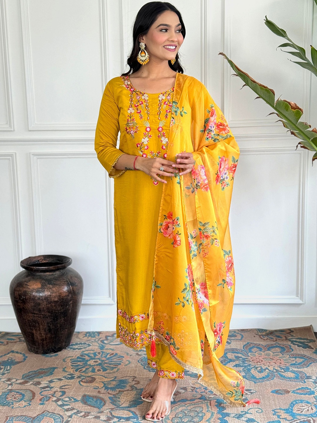 

KALINI Floral Embroidered Thread Work Chanderi Silk Kurta with Trouser & Dupatta, Yellow