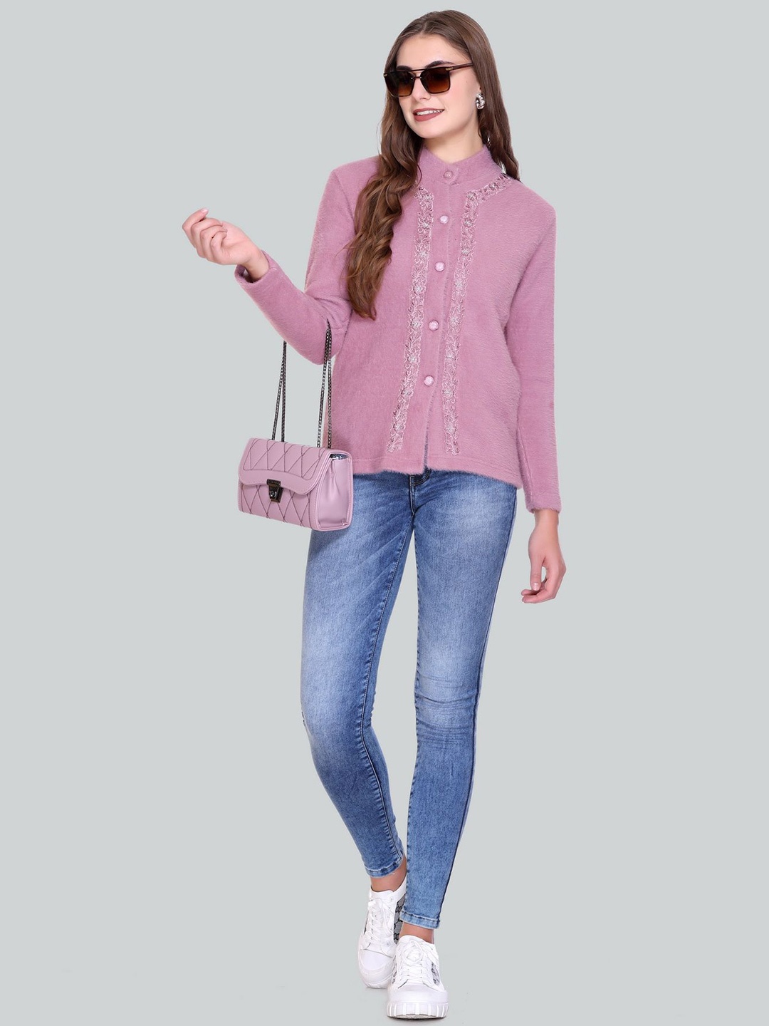 

Gouri Women Embroidered Woollen Cardigan, Purple