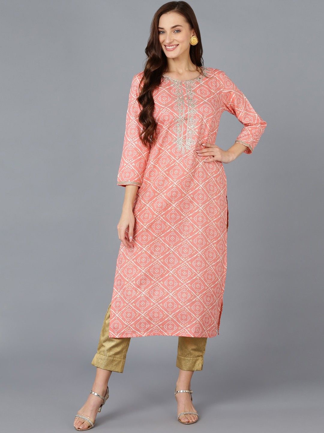 

KALINI Bandhani Printed Straight Kurta, Peach