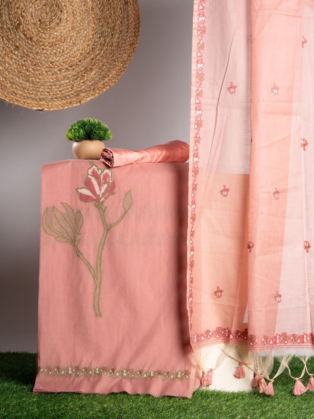 

GAJARAI Floral Woven Design Pure Cotton Unstitched Dress Material, Pink