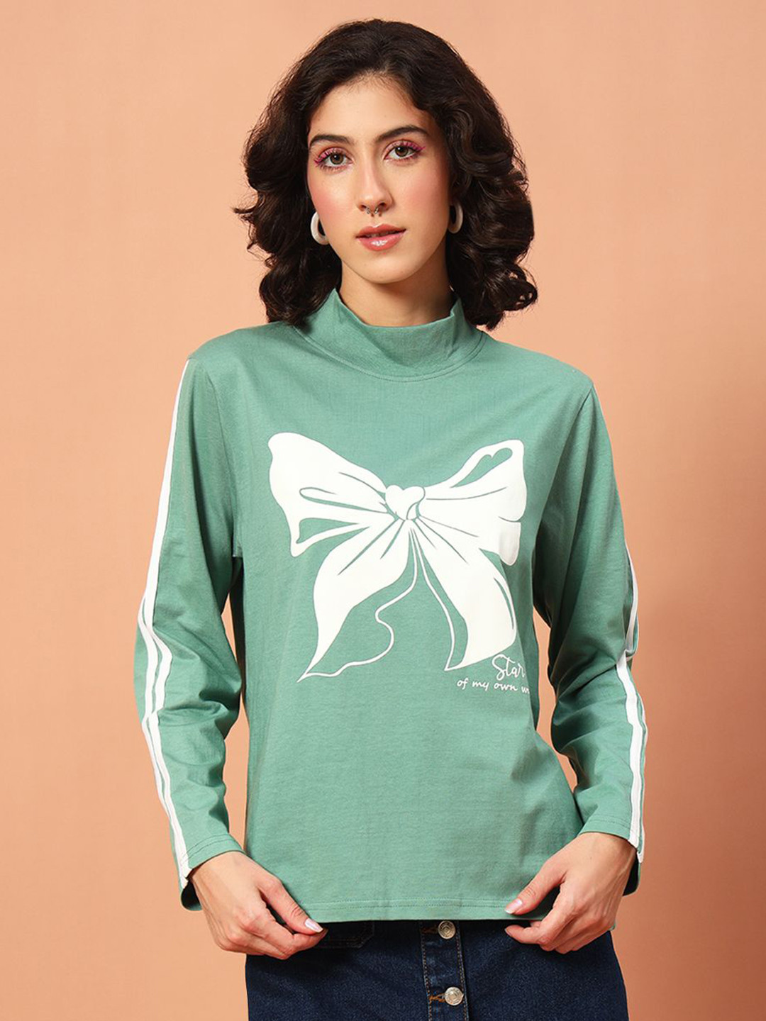 

The Dry State Women Graphic Printed High Neck Cotton T-shirt, Green