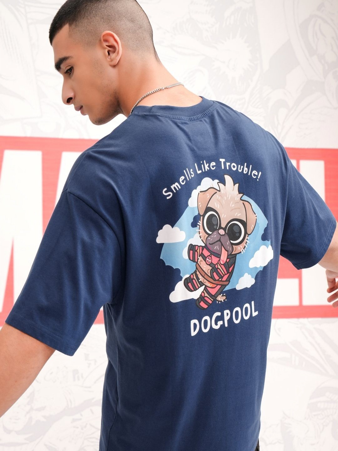 

HIGHLANDER Men Graphic Printed Round Neck Cotton Oversized Deadpool Tshirt, Navy blue
