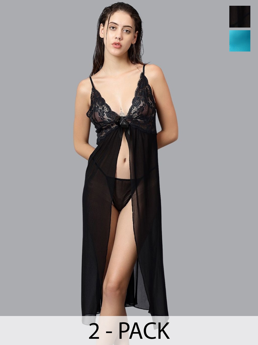 

Velvi FIGURE Women Pack Of 2 Babydoll Nighty and Sleepwear Set, Black