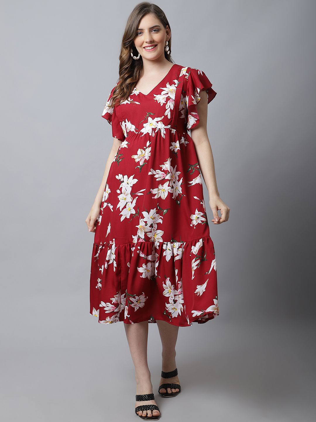 

Frempy Women Floral Printed Crepe Maternity Midi Dress, Red