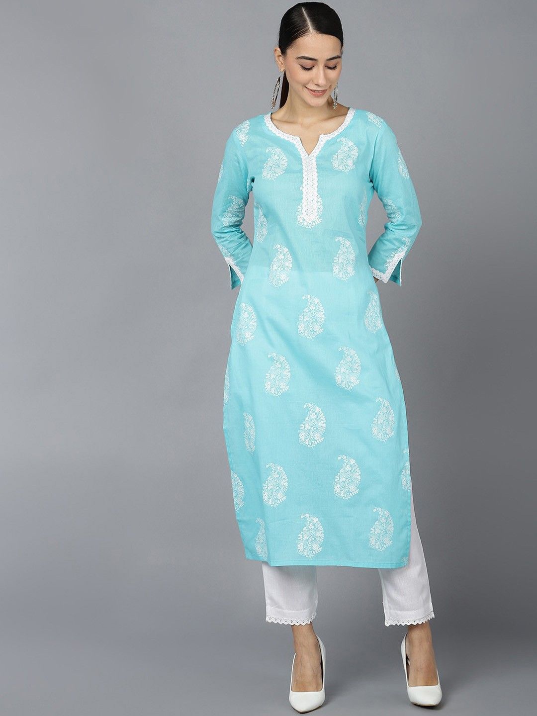 

AHIKA Paisley Printed Thread Work Cotton Straight Kurta, Blue