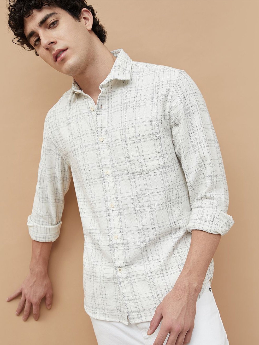 

Fame Forever by Lifestyle Men Spread Collar Textured Cotton Casual Shirt, Off white