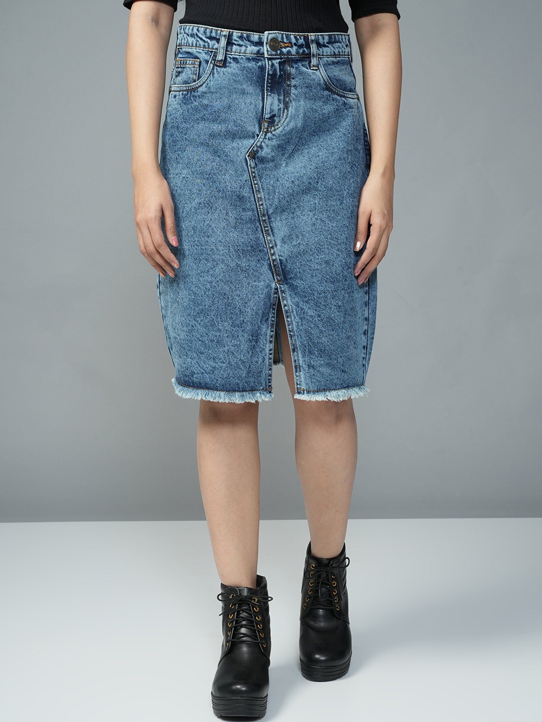 

URBAN POCHE Women High-Rise Denim A-Line Skirt, Blue