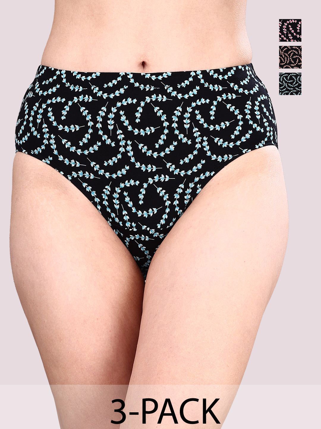 

Soie Women Pack Of 3 Printed Cotton Hipster Briefs, Black