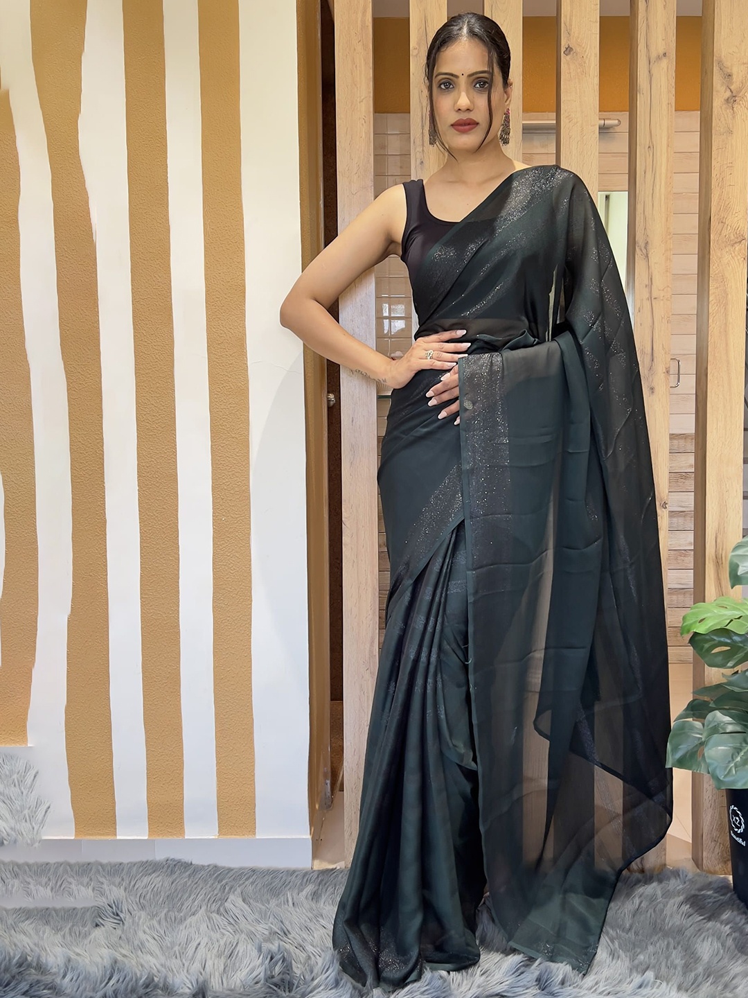 

V3 FASHION STUDIO Striped Pure Chiffon Ready to Wear Jamdani Saree, Black