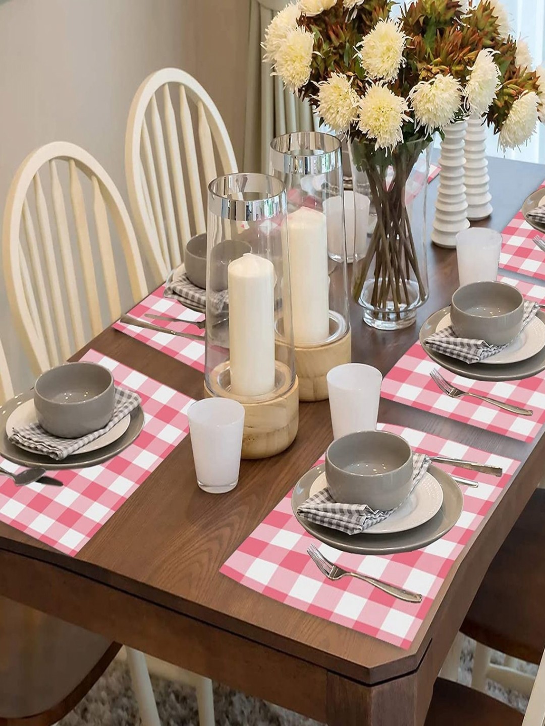

Lushomes Pink & White 6 Pieces Checked Cotton Rectangular Table Placemats