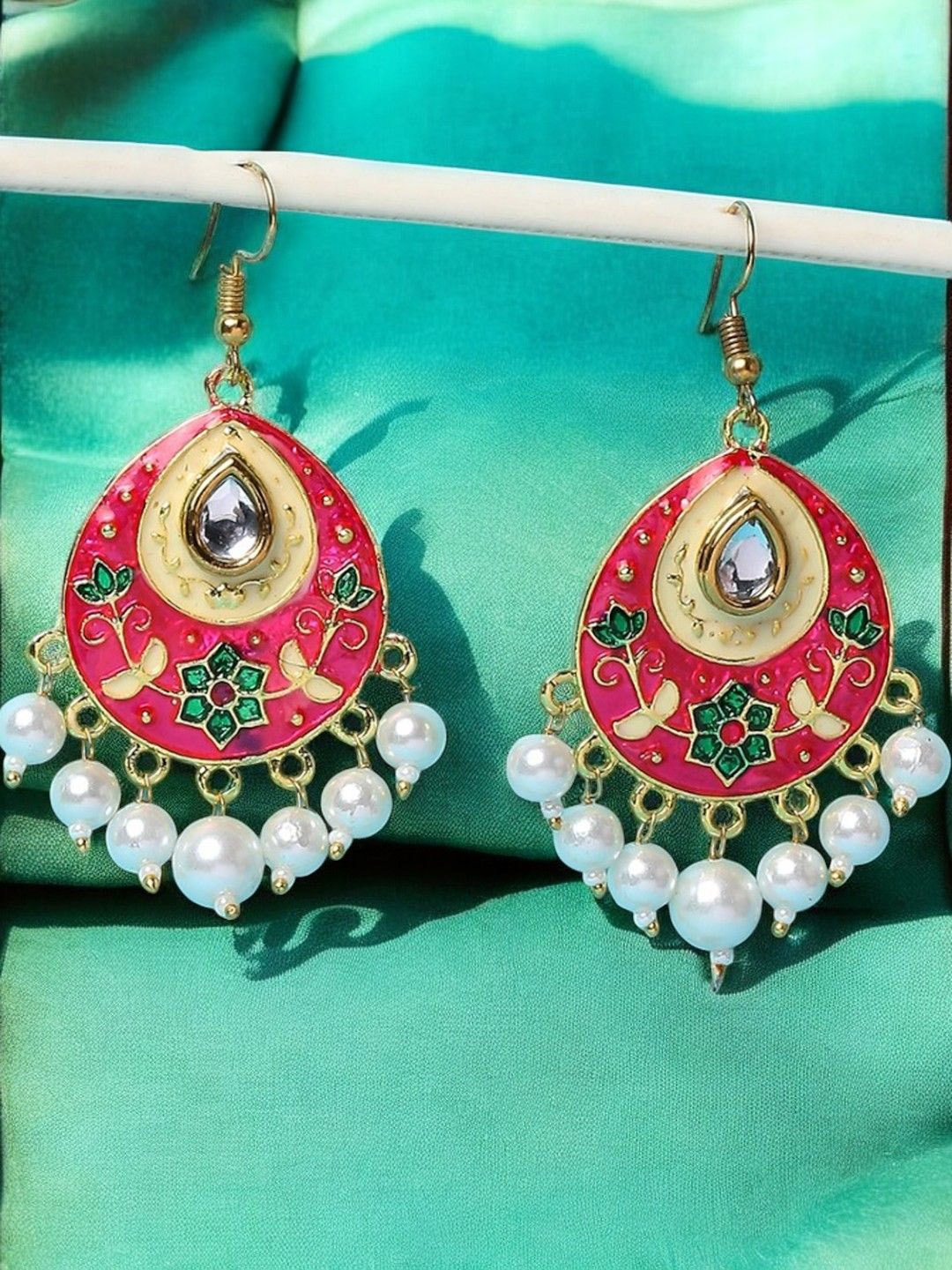 

OOMPH Kundan Studded Meenakari Teardrop Shaped Drop Earrings, Pink