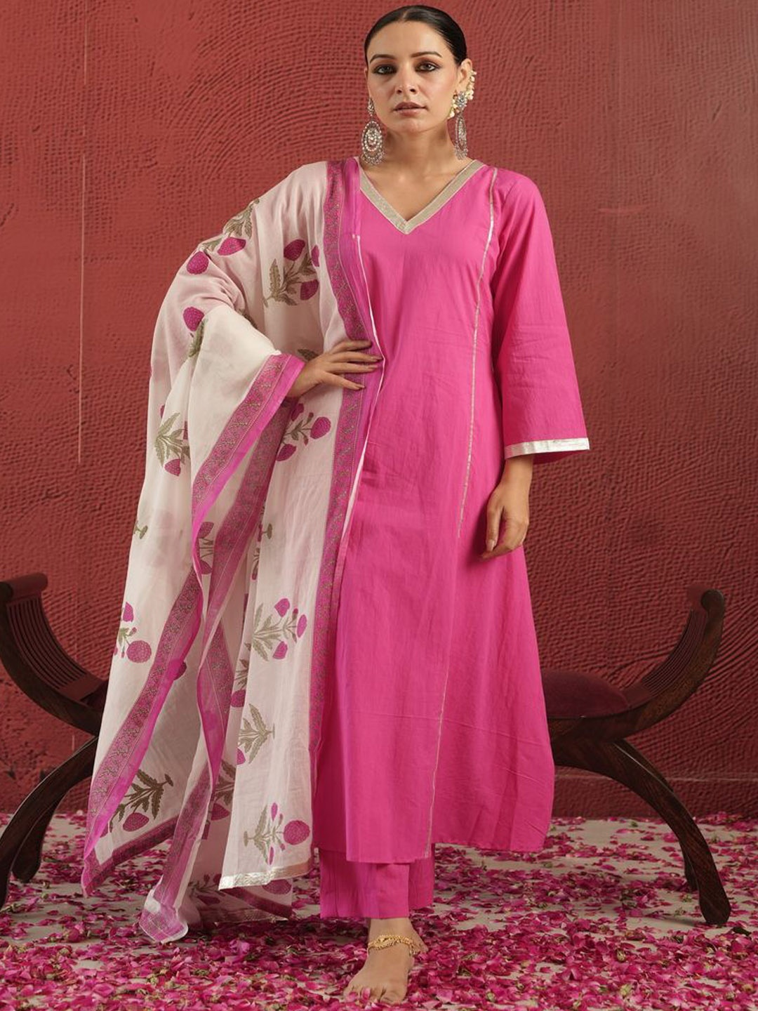 

OneWe V-Neck Gotta Patti Pure Cotton A-Line Kurta With Trouser & Dupatta, Pink