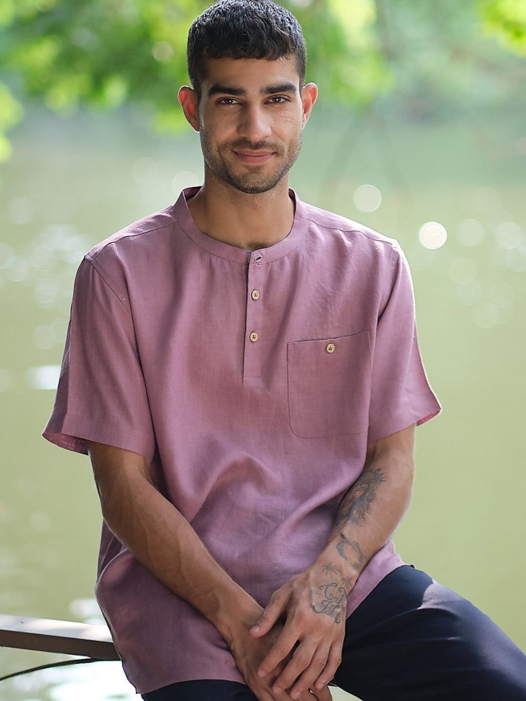 

Creatures of Habit Linen Bandhgala Shirt, Pink