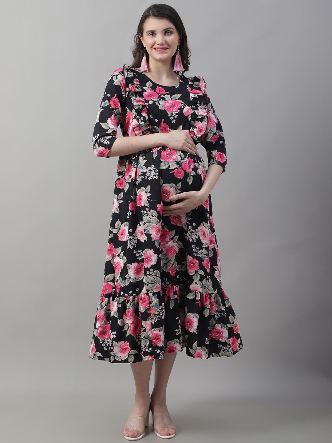 

Frempy Floral Print Crepe Maternity Fit & Flare Midi Dress, Black