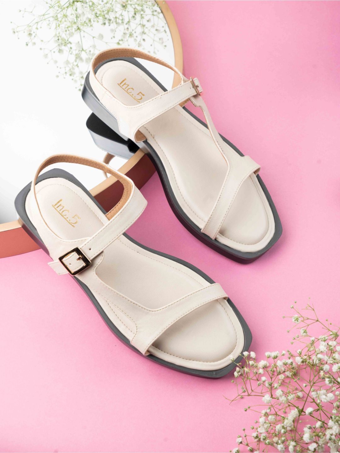 

Inc 5 Women Cream-Colored & Black Casual Open Toe Flats