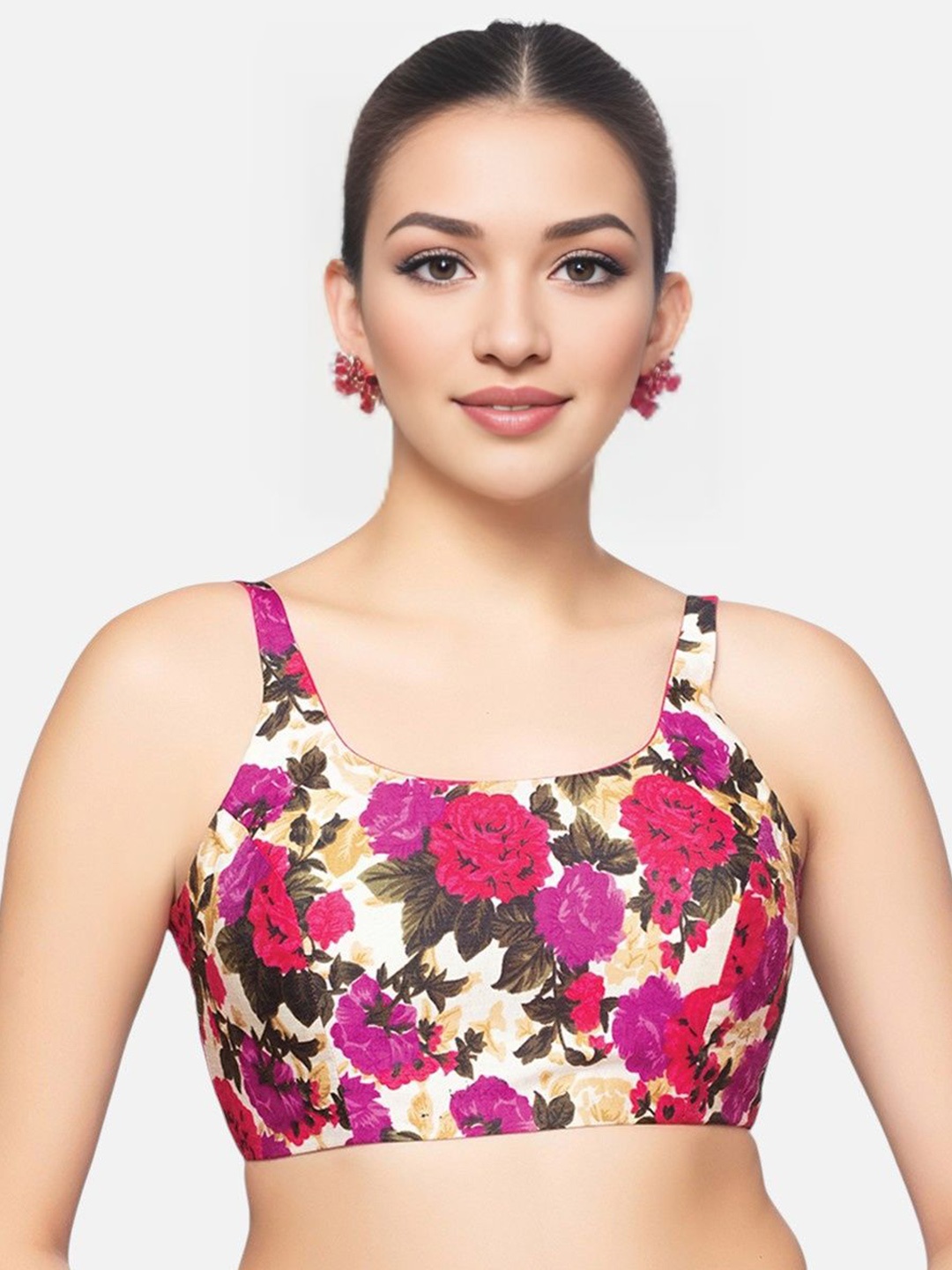

Biyu Printed Padded Saree Blouse, Cream