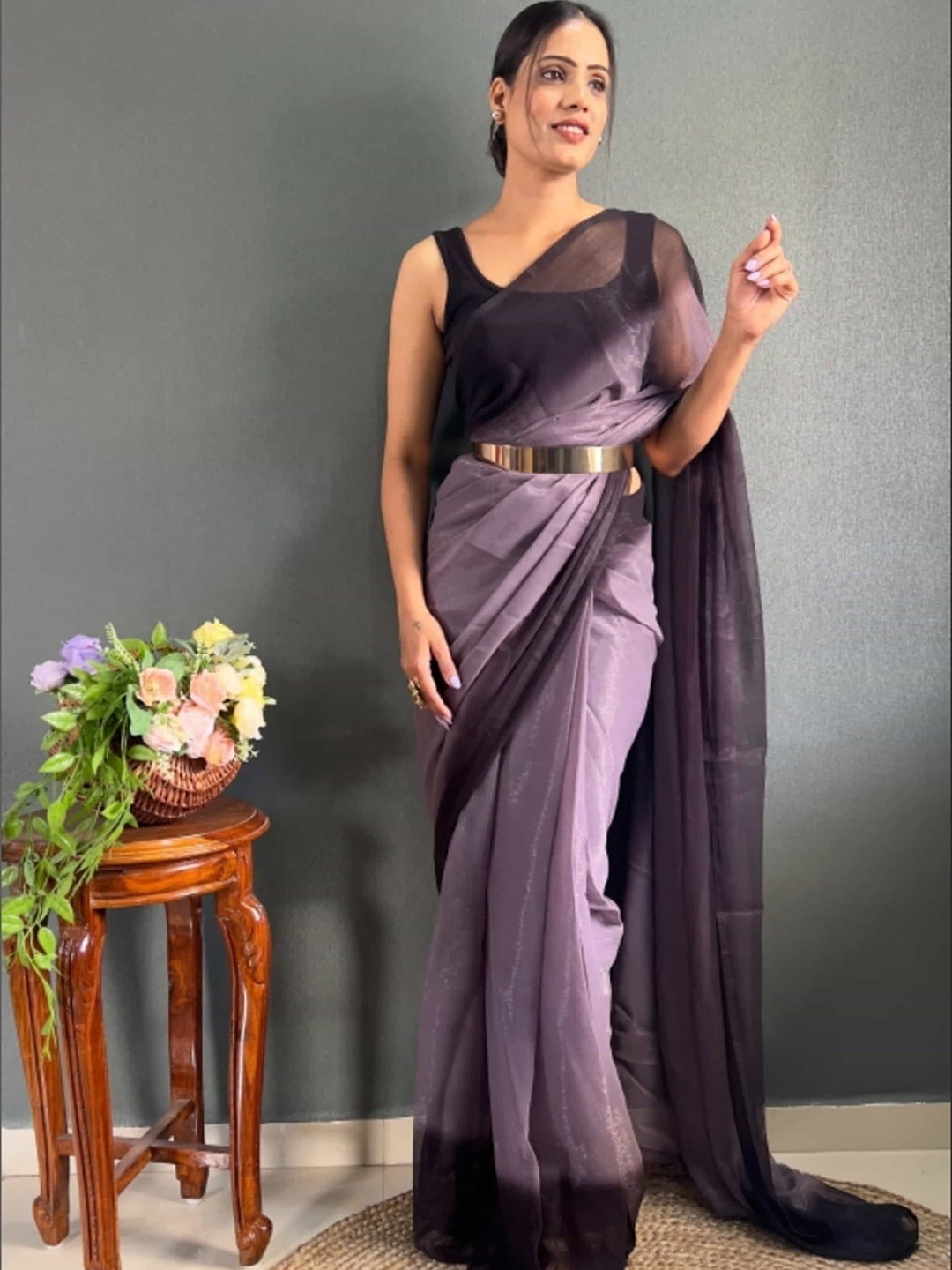

V3 FASHION STUDIO Pure Crepe Ready to Wear Jamdani Saree, Purple