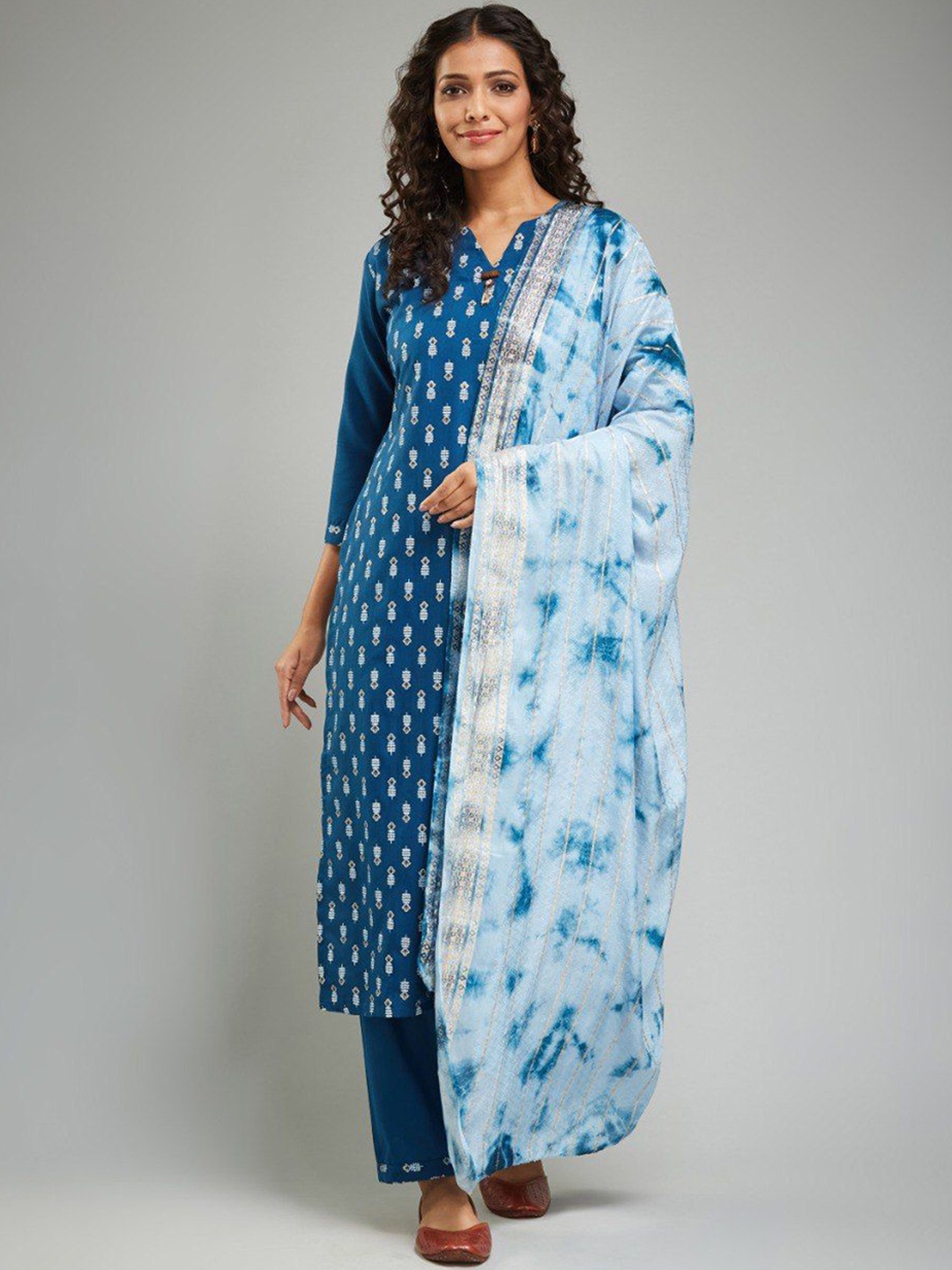 

APNISHA Ethnic Motifs Printed Regular Chanderi Silk Straight Kurta with Trousers & Dupatta, Blue