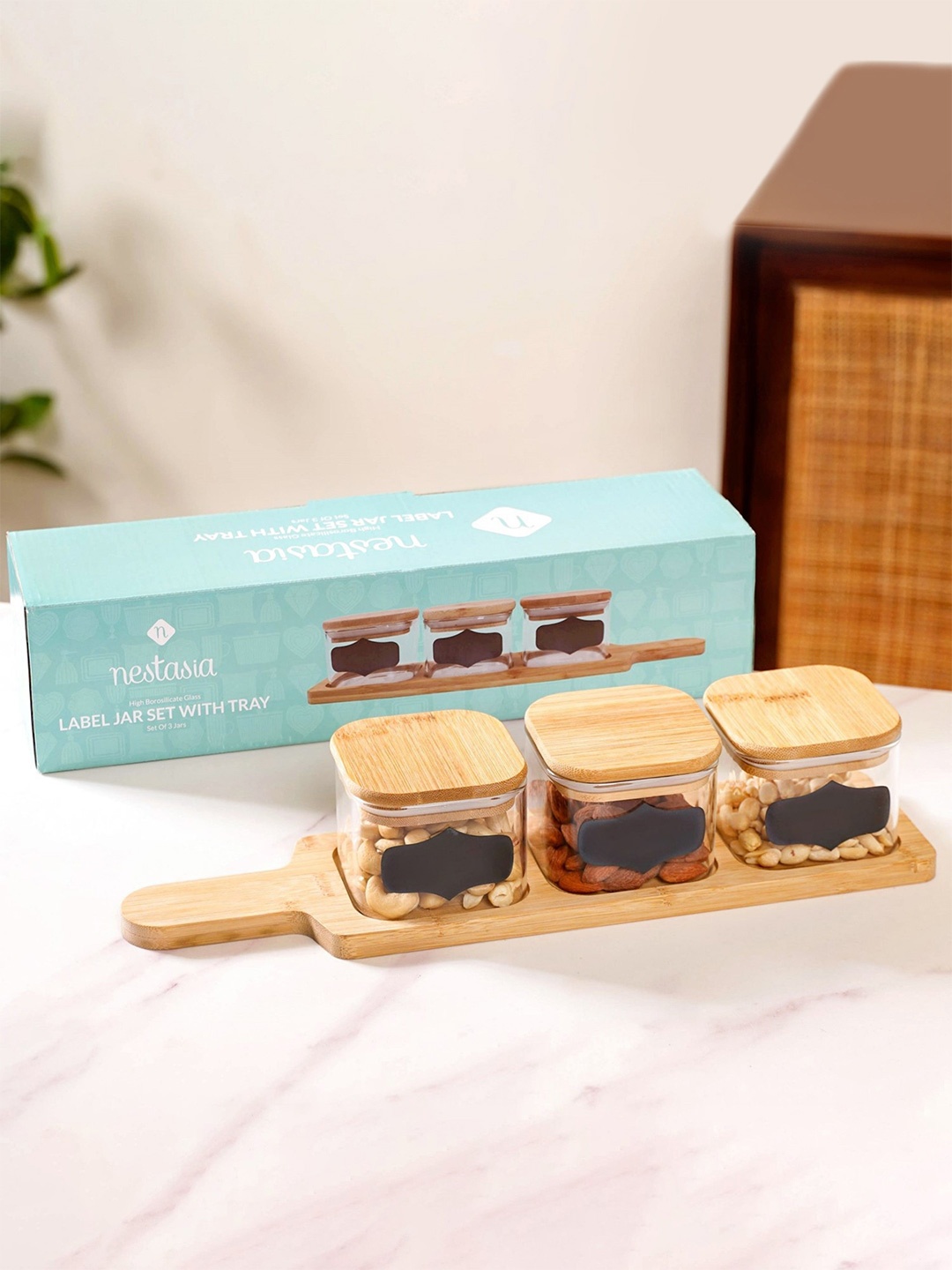 

Nestasia Transparent 3 Pieces Borosilicate Glass Snack Jars With Tray