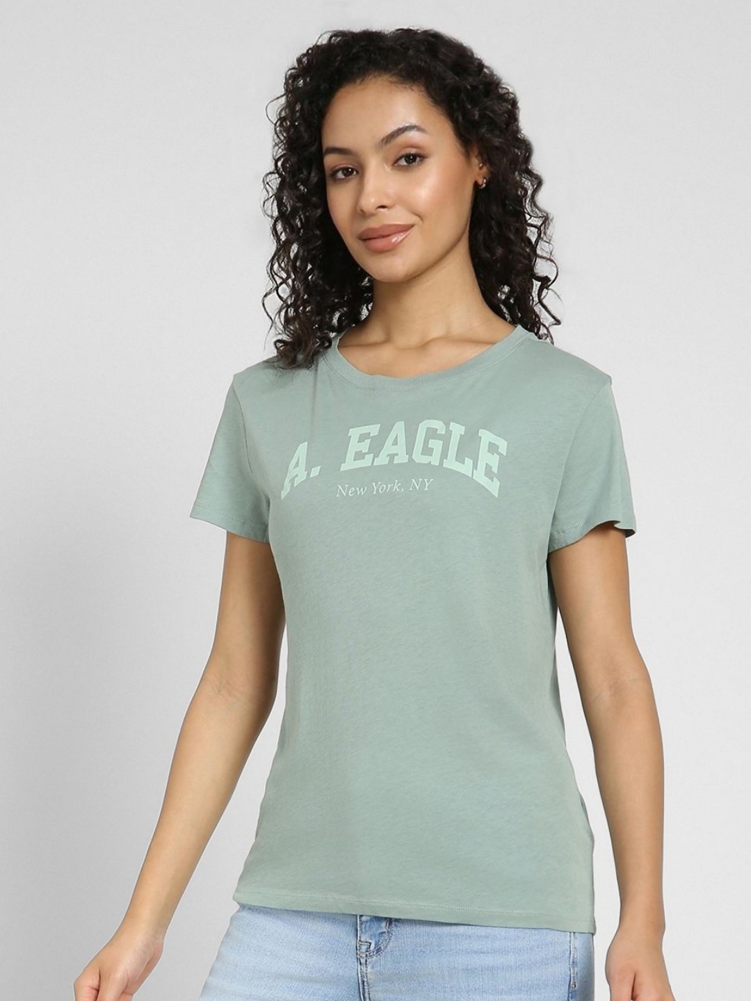 

AMERICAN EAGLE OUTFITTERS Women Typography Printed Round Neck Cotton T-shirt, Green