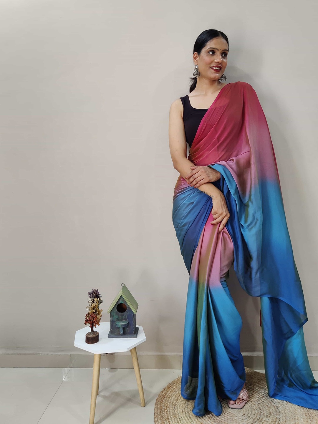 

V3 FASHION STUDIO Ombre Satin Ready to Wear Jamdani Saree, Pink