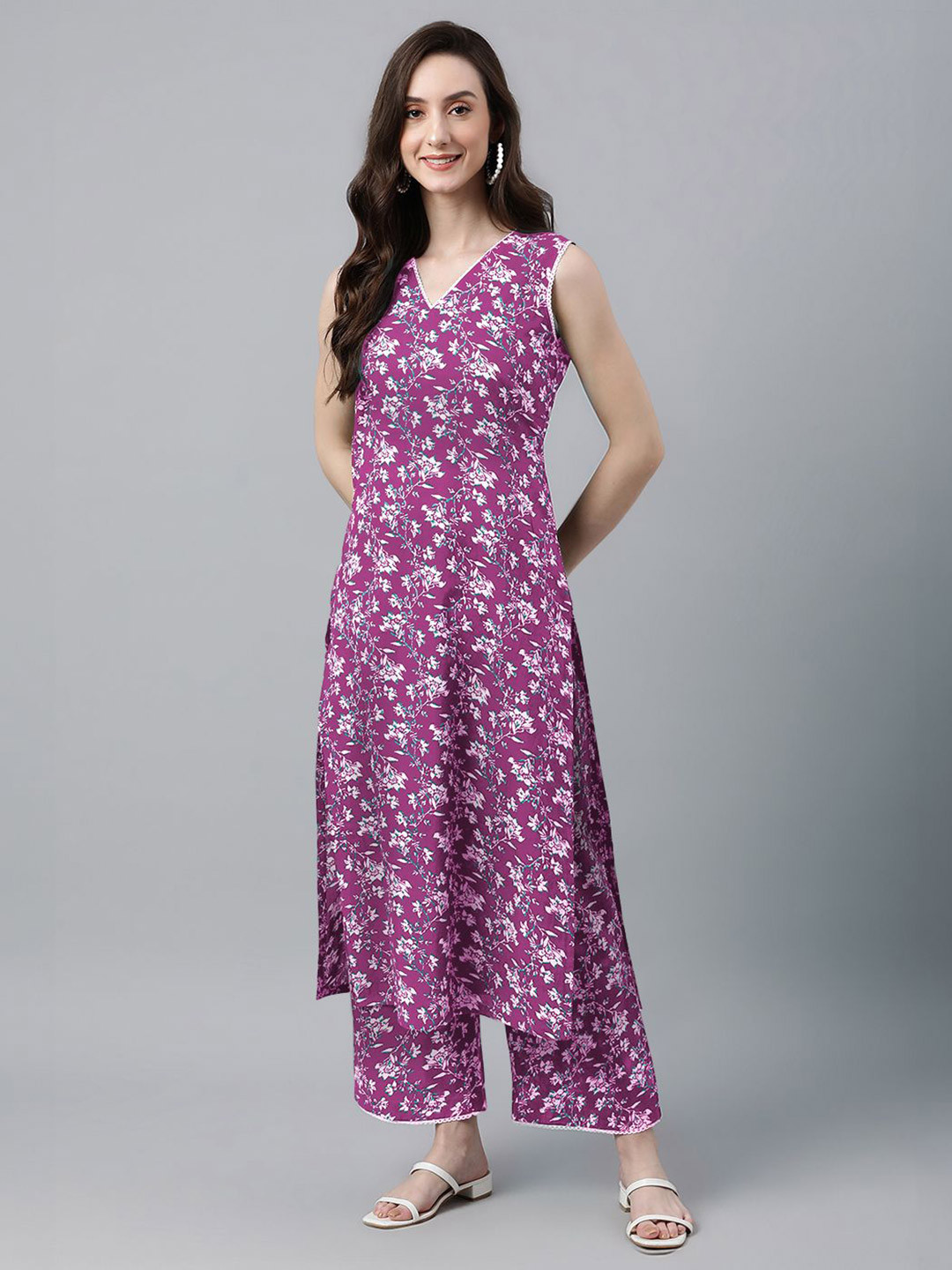 

Janasya Printed Pure Cotton Tunic With Trousers, Purple