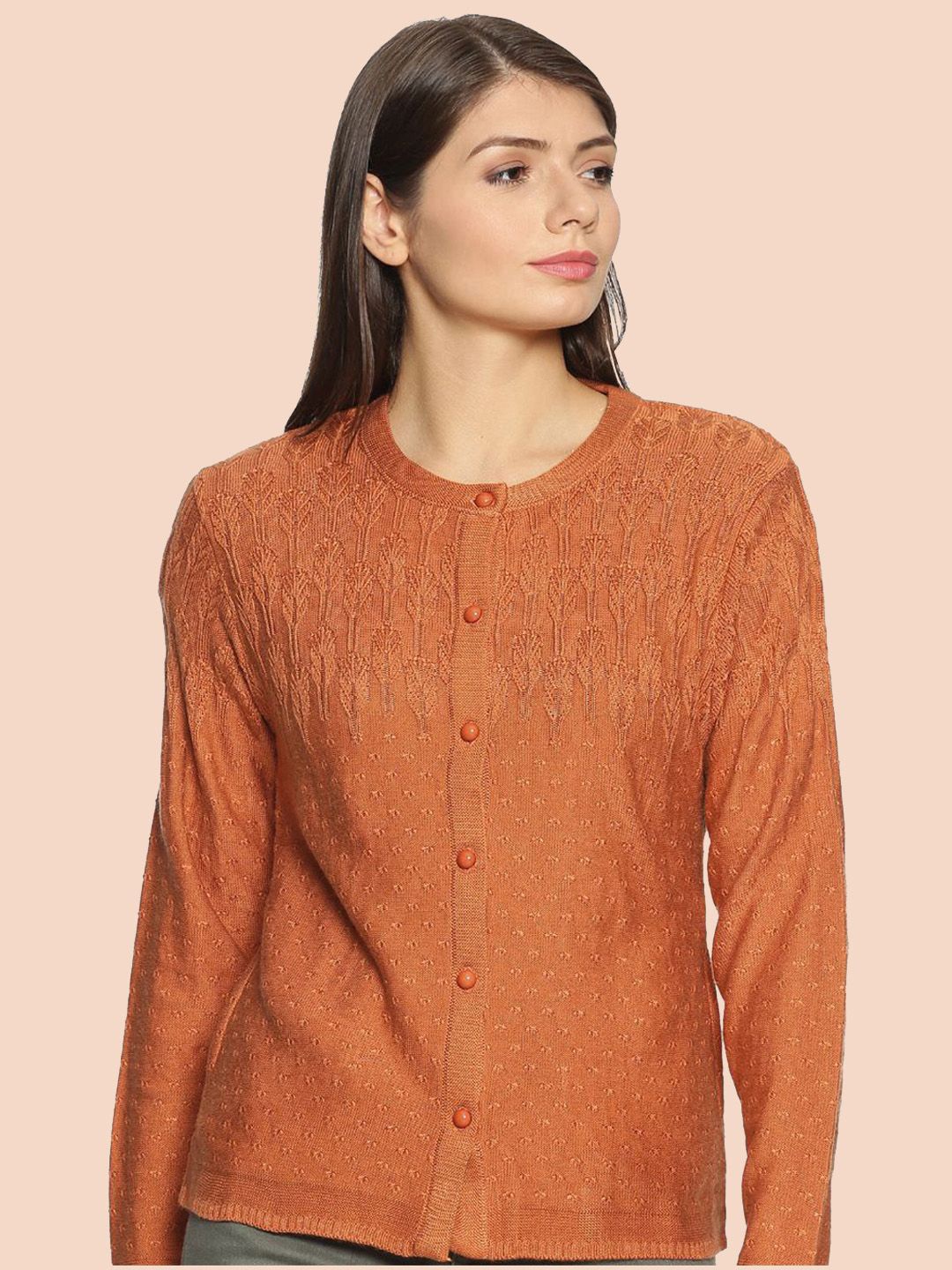 

CLAPTON Women Floral Self Design Round Neck Woollen Casual Cardigan, Orange